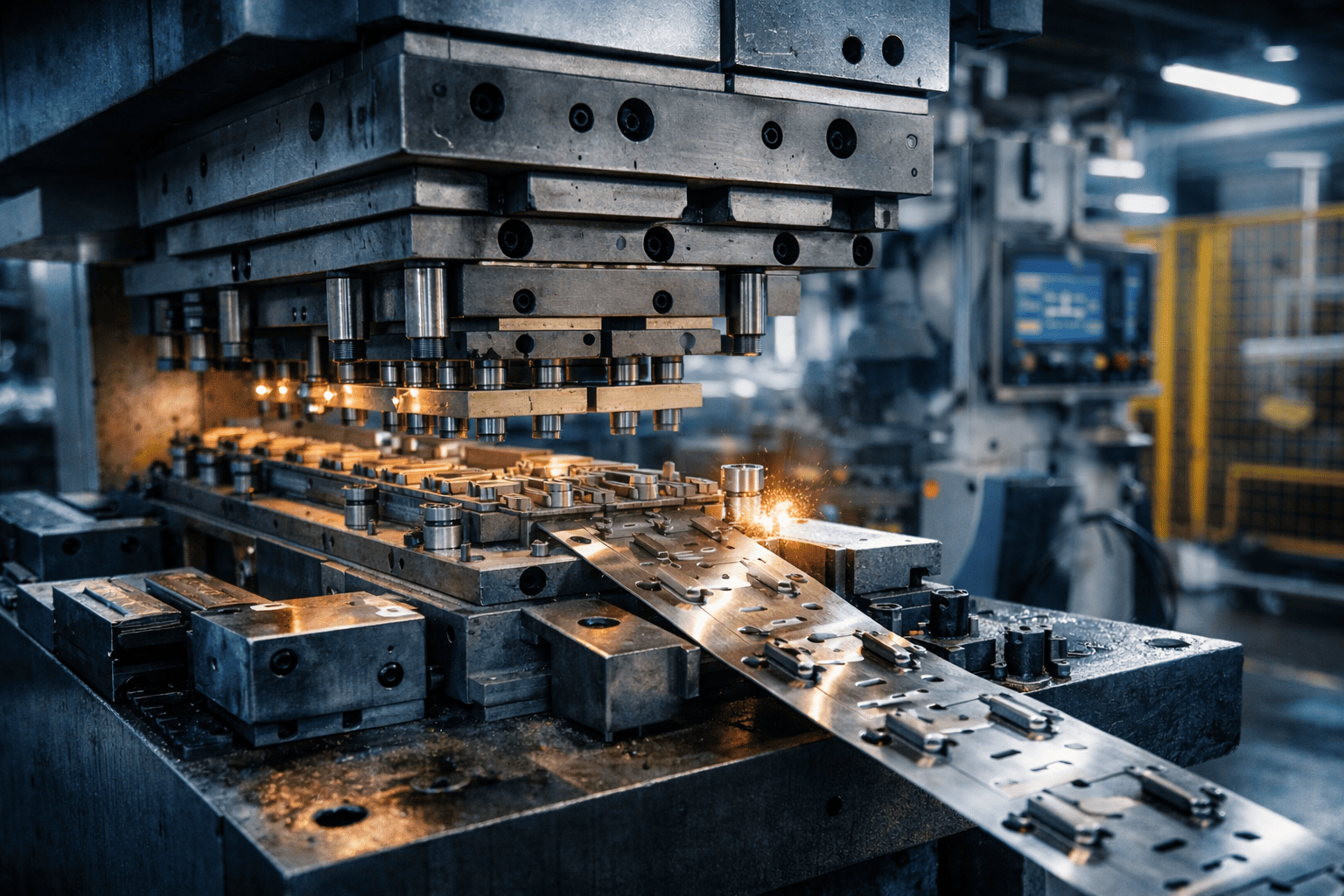 Detalle del proceso de estampación progresiva en prensa industrial, donde la banda metálica avanza por una matriz progresiva para fabricar piezas metálicas en serie con alta precisión.