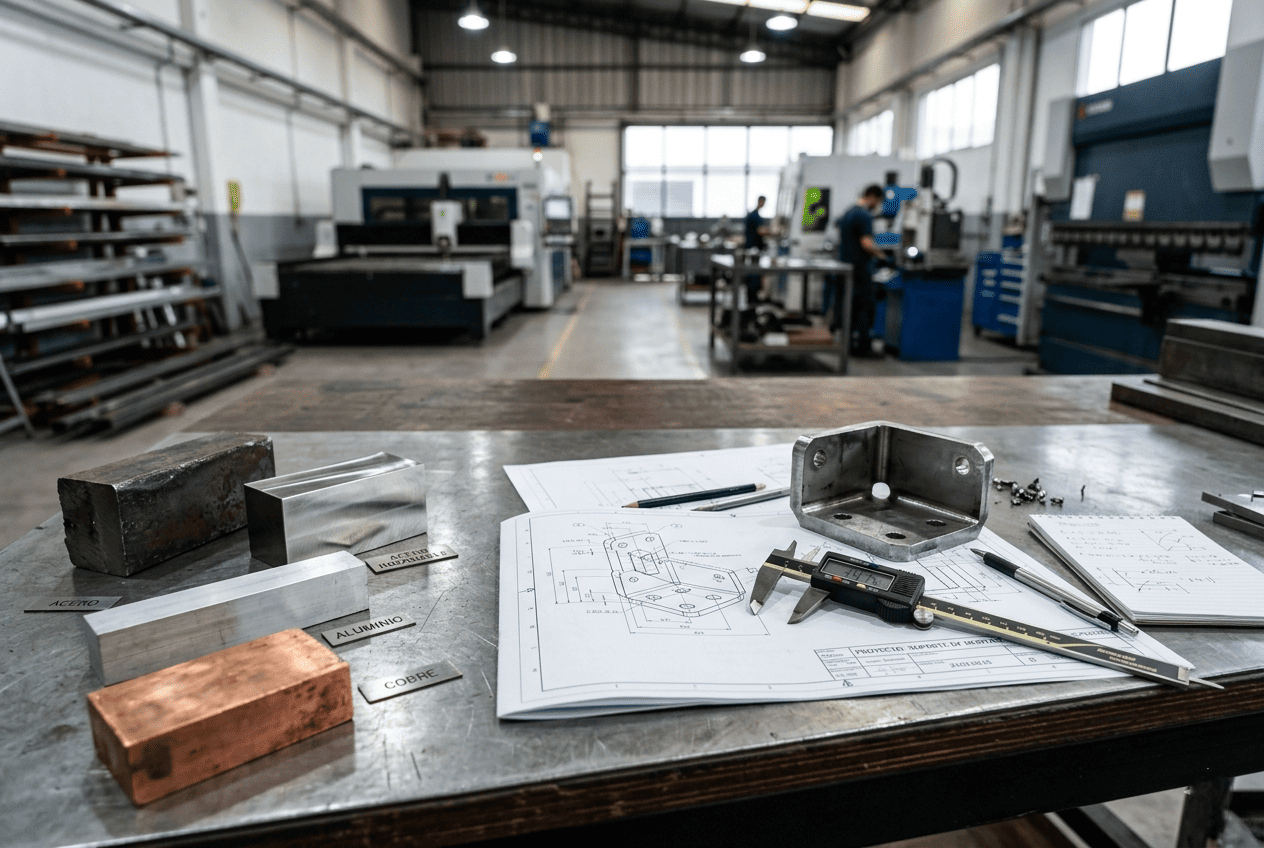 Muestras de acero, aluminio y cobre junto a un plano técnico para elegir material de una pieza metálica industrial