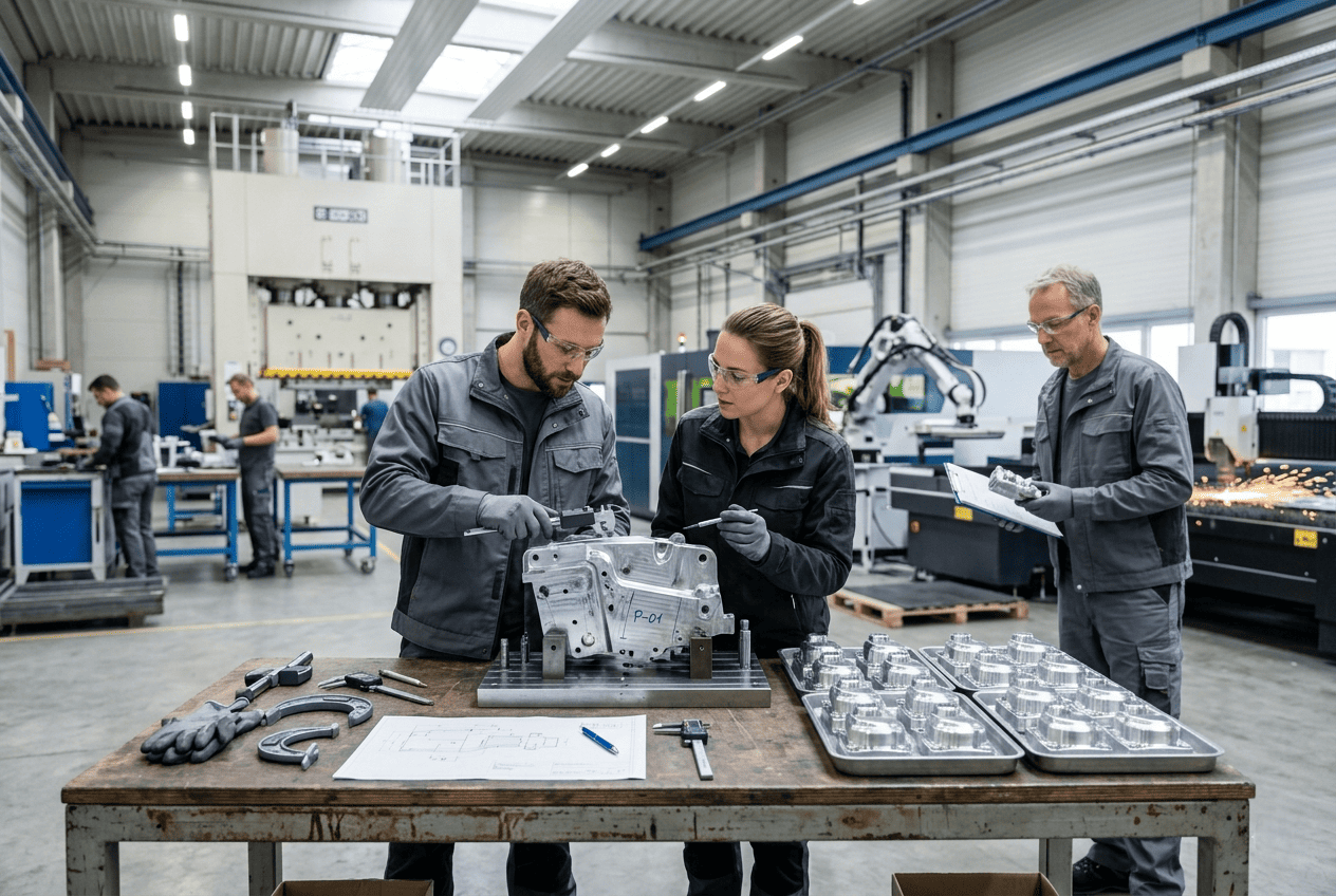 Técnicos revisando un prototipo metálico junto a piezas fabricadas en serie en un entorno industrial