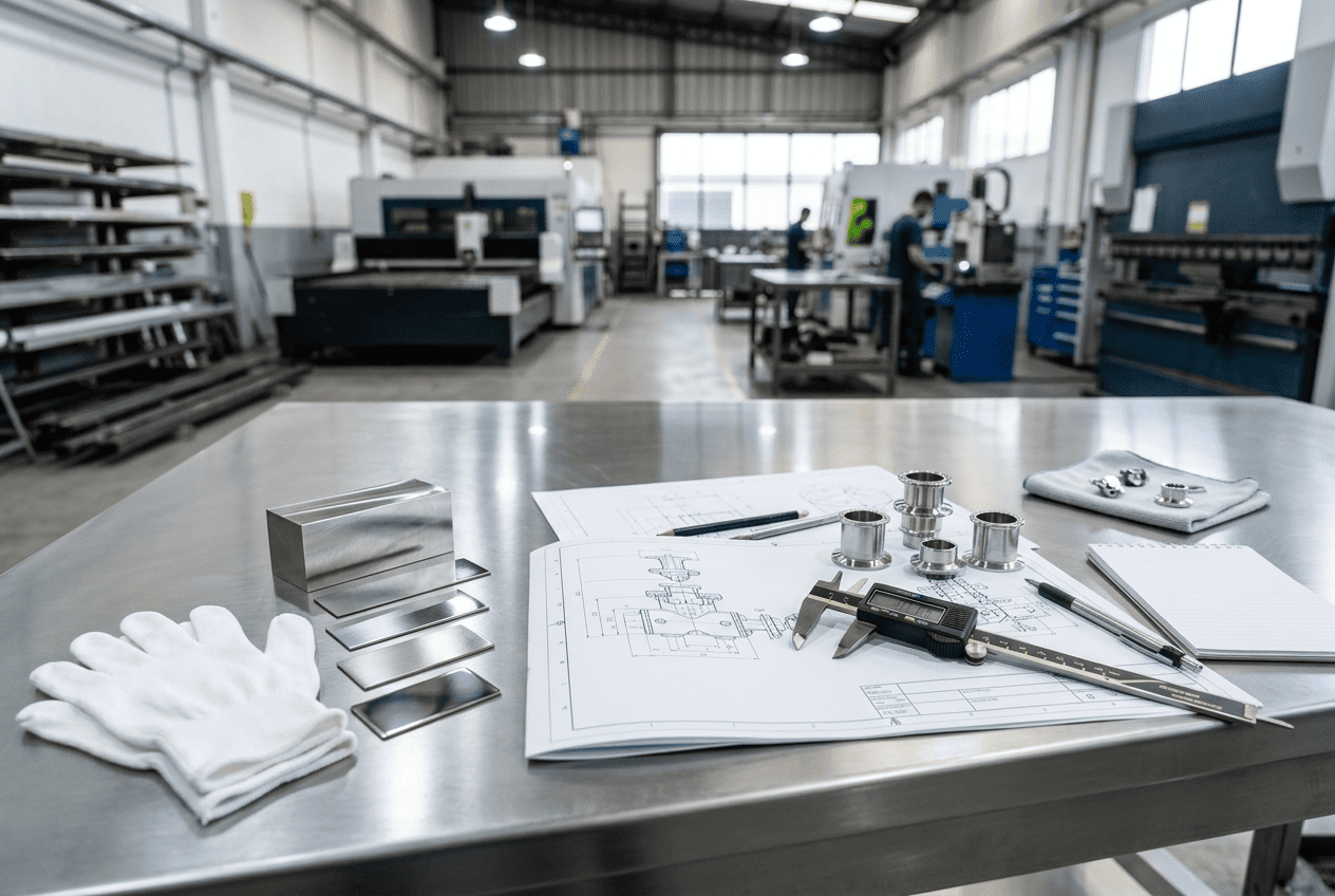 Piezas metálicas para el sector sanitario revisadas con plano técnico y calibre en entorno industrial