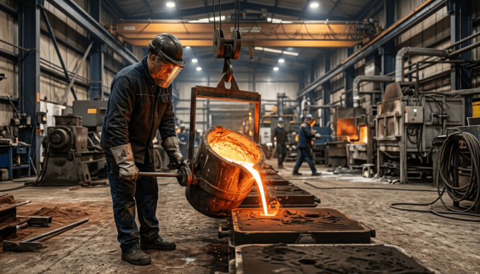 Qué es la fundición: vertido de metal fundido en un molde durante un proceso de fundición industrial