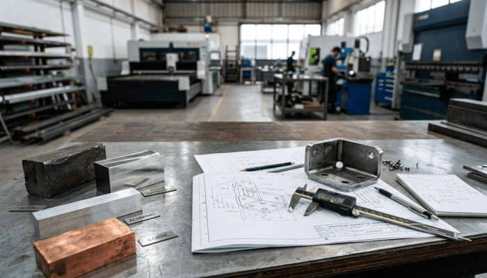 Muestras de acero, aluminio y cobre junto a un plano técnico para elegir material de una pieza metálica industrial