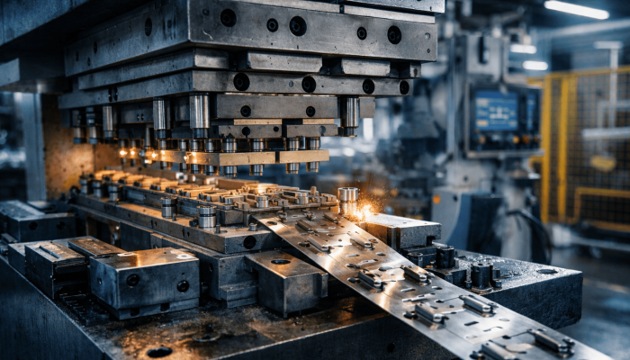 Detalle del proceso de estampación progresiva en prensa industrial, donde la banda metálica avanza por una matriz progresiva para fabricar piezas metálicas en serie con alta precisión.