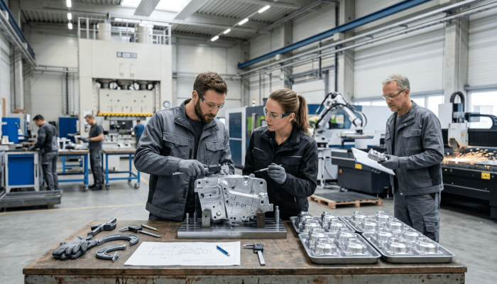 Técnicos revisando un prototipo metálico junto a piezas fabricadas en serie en un entorno industrial