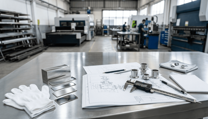 Piezas metálicas para el sector sanitario revisadas con plano técnico y calibre en entorno industrial