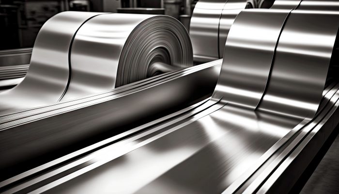 long strips of aluminum rolled on conveyor belts in factory. aluminum industry, generative ai